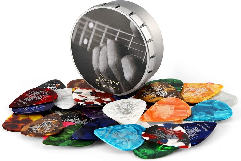 Donner Guitar Picks Celluloid 16 Pack Thin Medium Heavy Extra Heavy Picks + Case