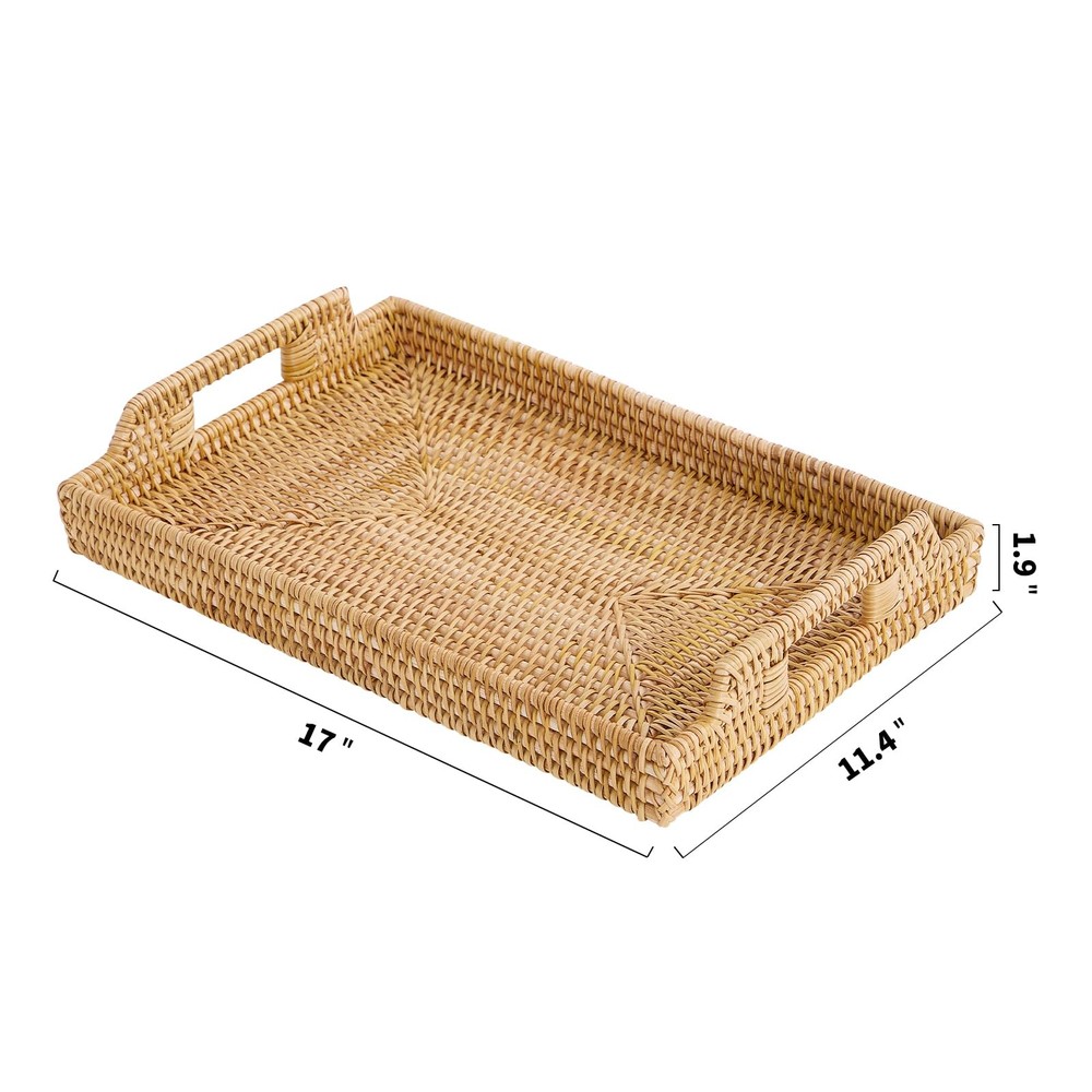 Rattan Rectangular Serving Tray with Handles, Hand-Woven Wicker Decorative Tr...
