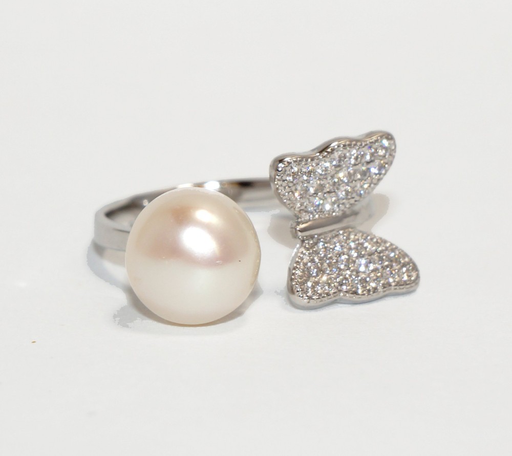 Fine Sterling Silver Freshwater Pearl Adjustable CZ Butterfly Ring