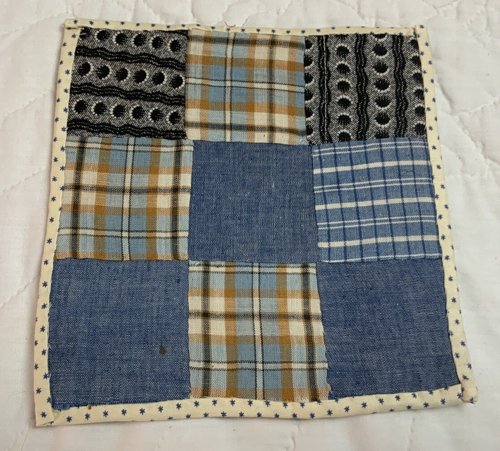 Vintage Patchwork Quilt Table Topper, Nine Patch, Early Calico Prints, Blue