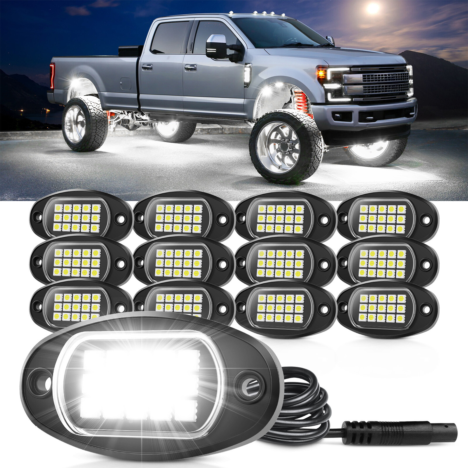 12 Pods Pure White LED Rock Lights, Waterproof Underglow Underbody Lighting Kit