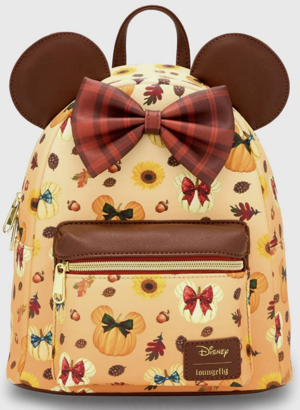 Loungefly Mini Backpack: Minnie Mouse Disney PUMPKIN FALL AOP Burgundy Bow Brown