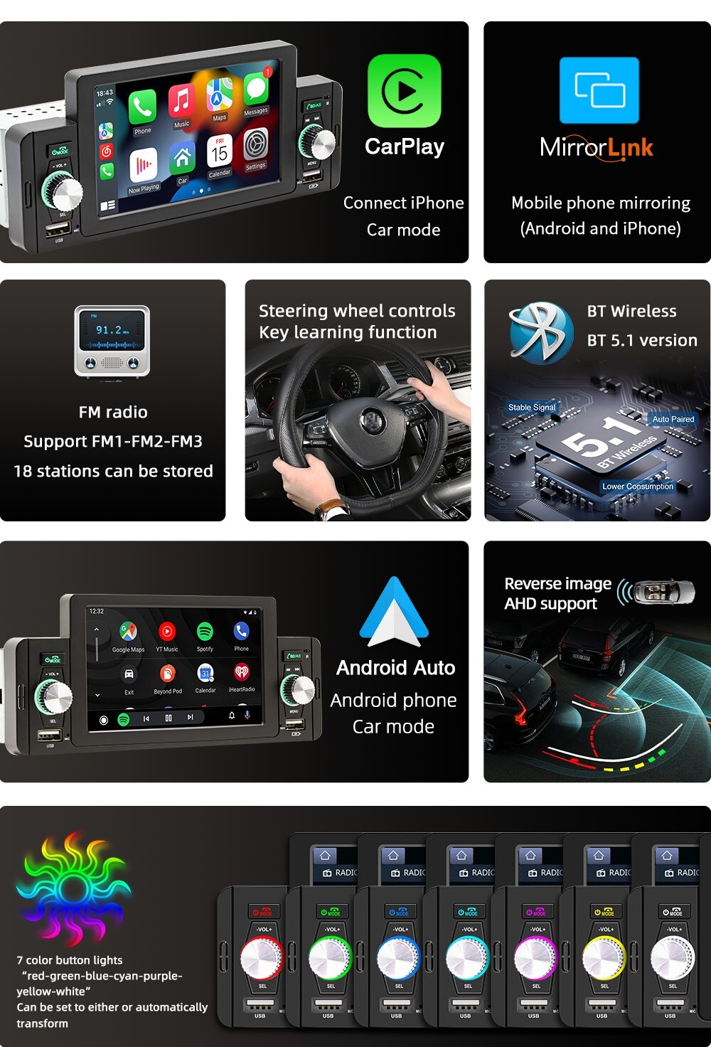 Single Din Car Stereo Radio Bluetooth MP5 Player For Apple Carplay Android Auto