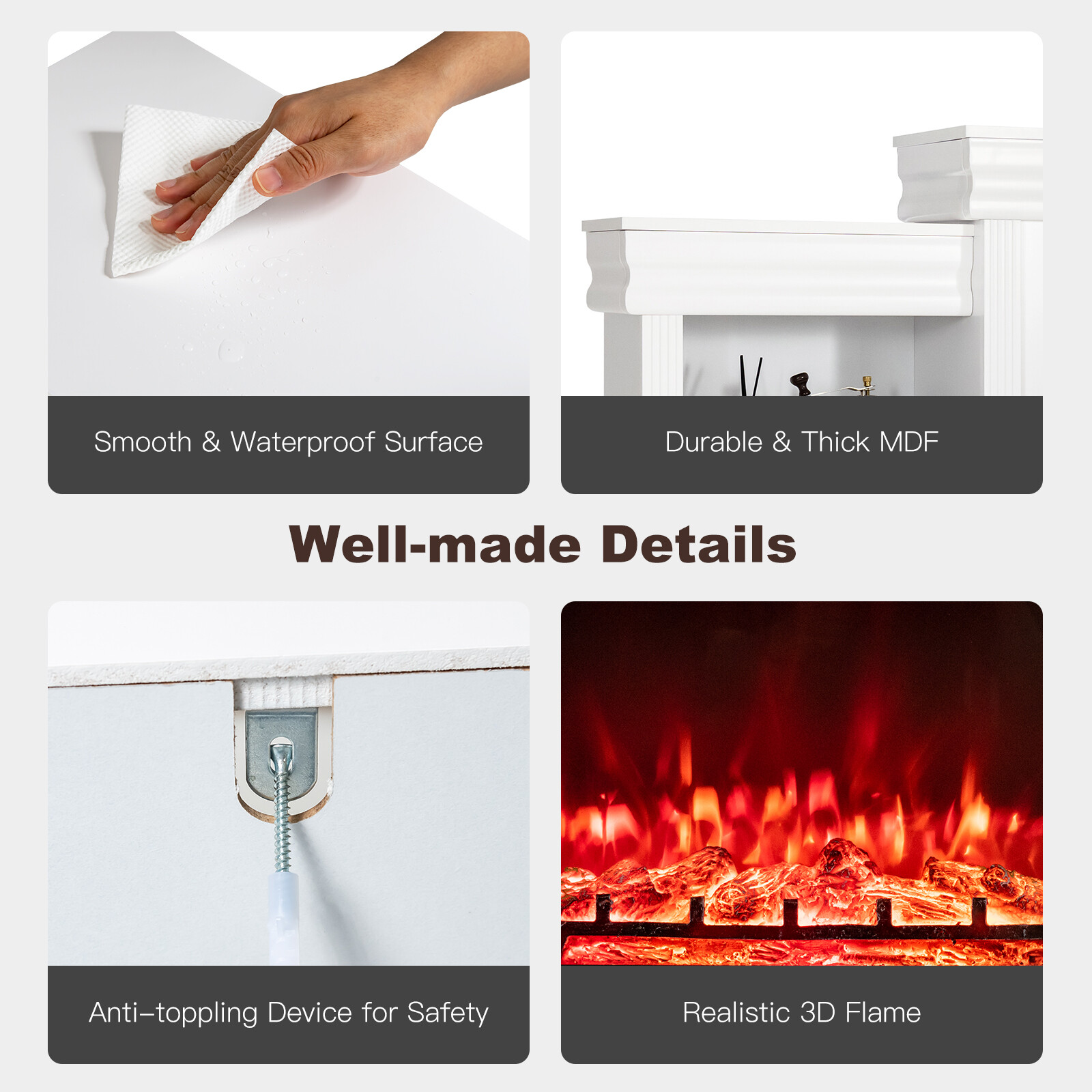 70" Fireplace TV Stand Media W/ 28.5" 750W/1500W Electric Fireplace White