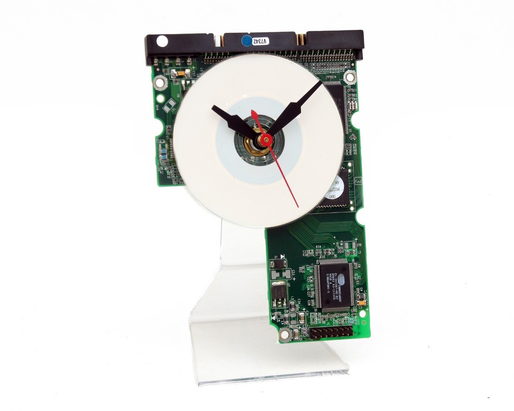 Recycled computer hard drive circuitboard desk clock, Quartz, time, battery, PC,