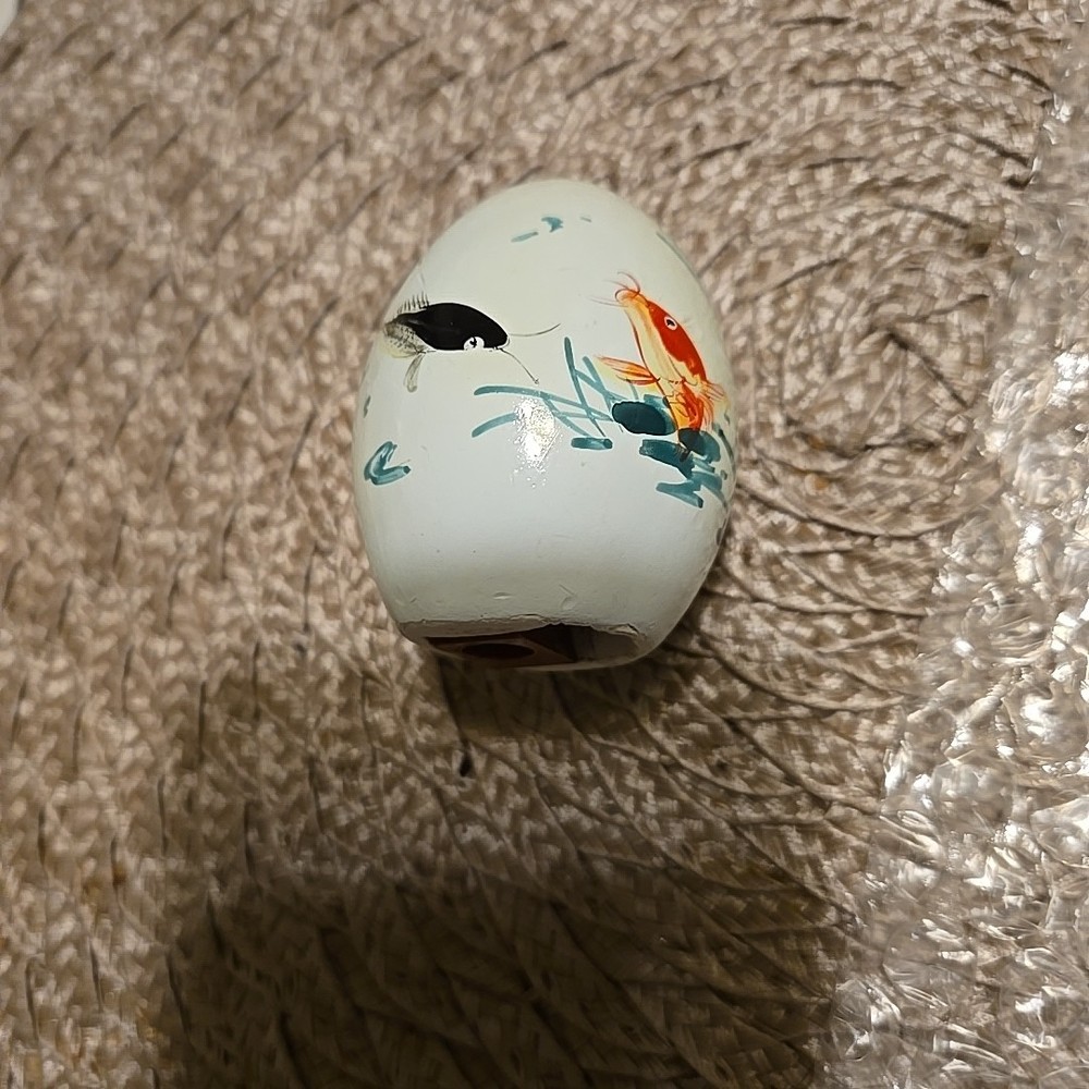 Vintage Chalkware Egg Pencil Sharpener Handpainted Fish Design