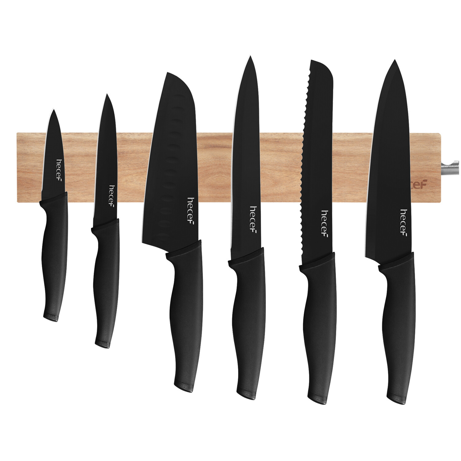 7 Pcs Black Oxide Knife Set w/ Acacia Wood Strong Magnetic Protect Knife Strip