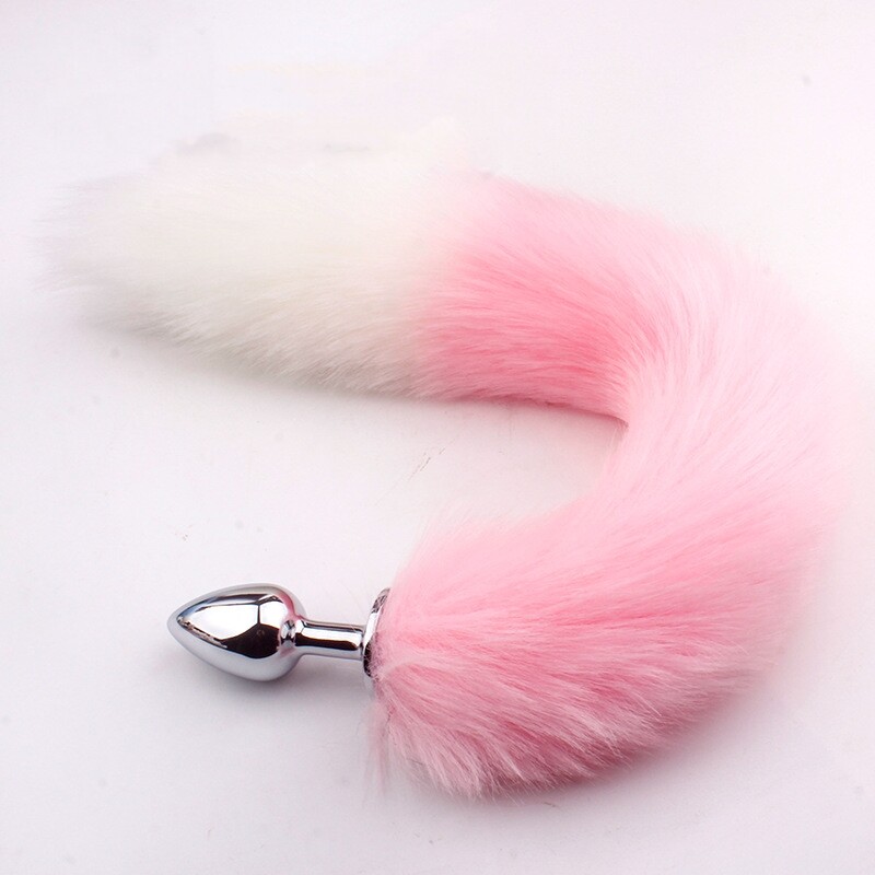 Furry Tail Smooth Metal Anal Butt Plug Pink and White Long Fox Bunny Adult Toy