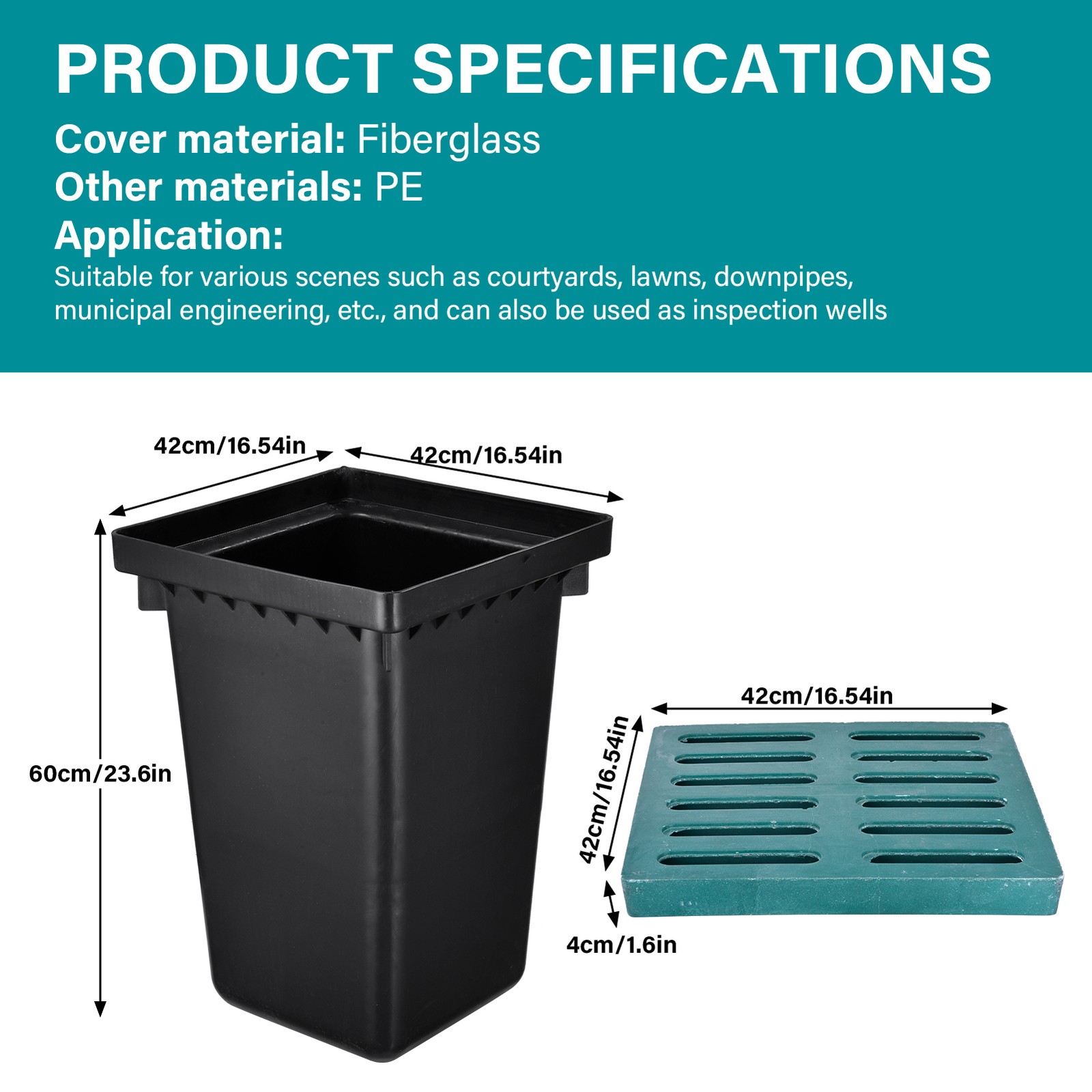 Catch Basin for Drainage with Fiber Glass Grate 17x17x24 inch Large Drainage