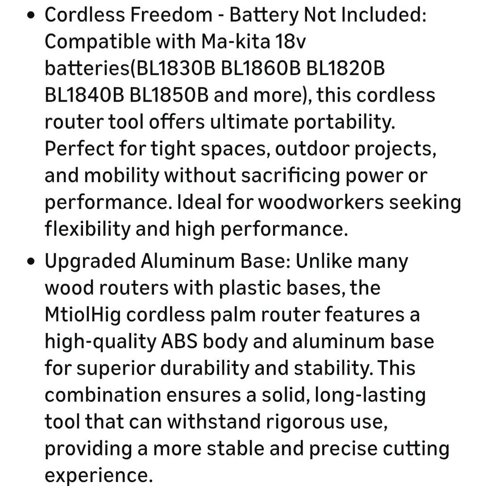Cordless Compact Router Compatible with Makita Battery (Bare Tool), 6 Variable