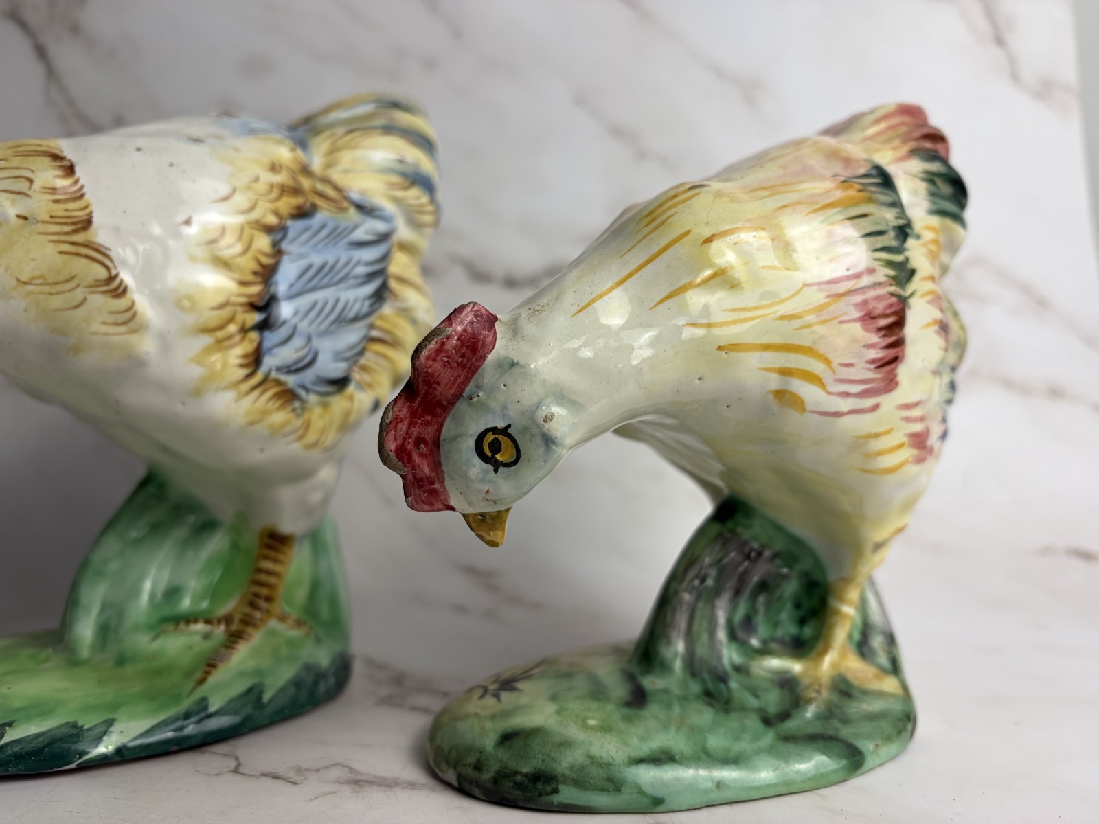Vintage Italian Majolica Rooster Figurines Hand Painted Chicken Pair Farmhouse