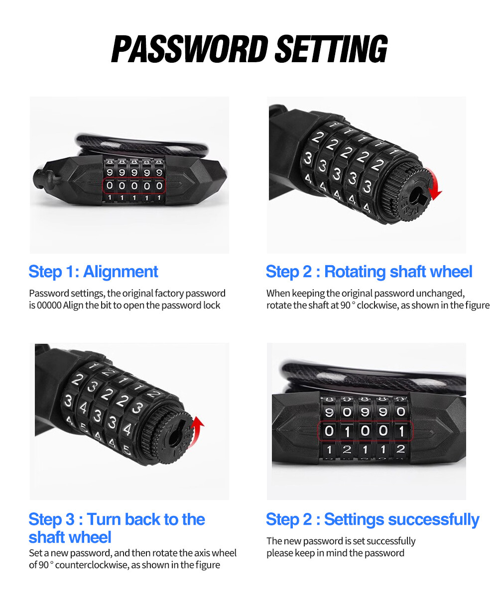 Bicycle Lock 5 Digit Combination 4Feet Cable Anti Theft Cable Lock Electric Bike