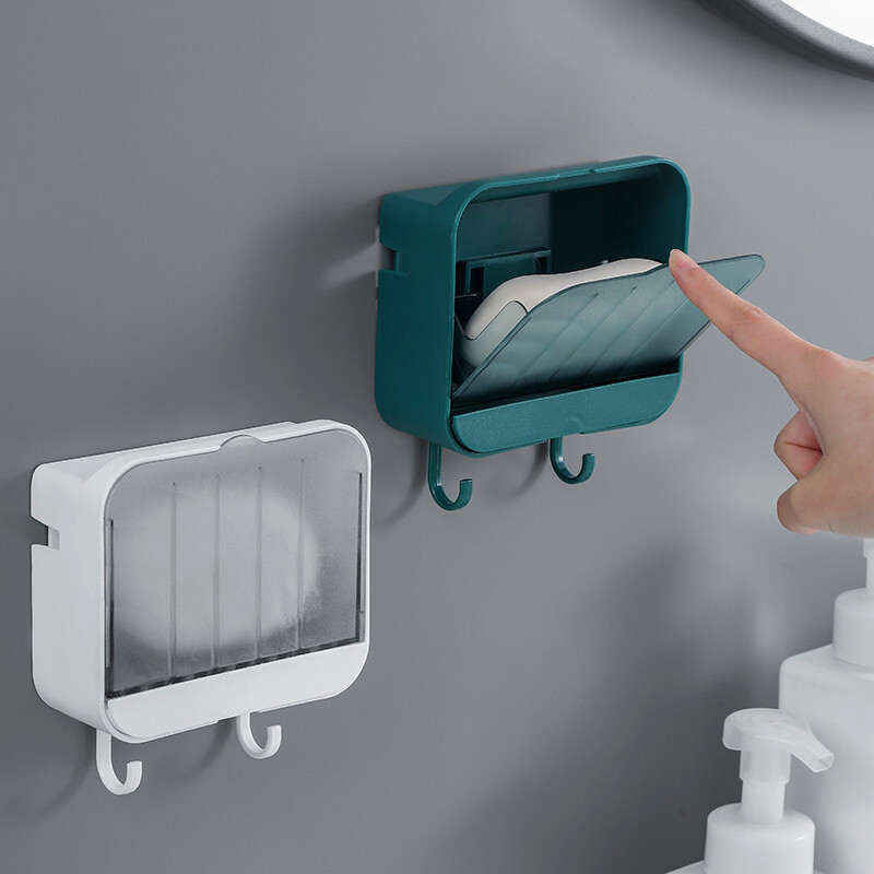 Wall Mounted Soap Dish Case Holder Drainable Storage Box Bathroom with Lid~❥