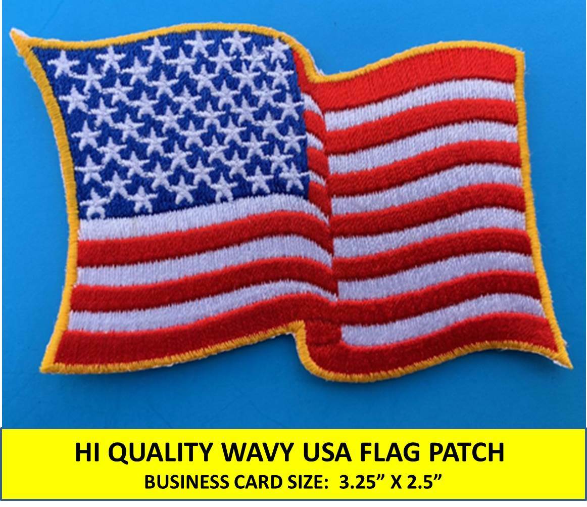 USA AMERICAN FLAG EMBROIDERED PATCH WAVING WAVY IRON-ON SEW-ON GOLD BORDER