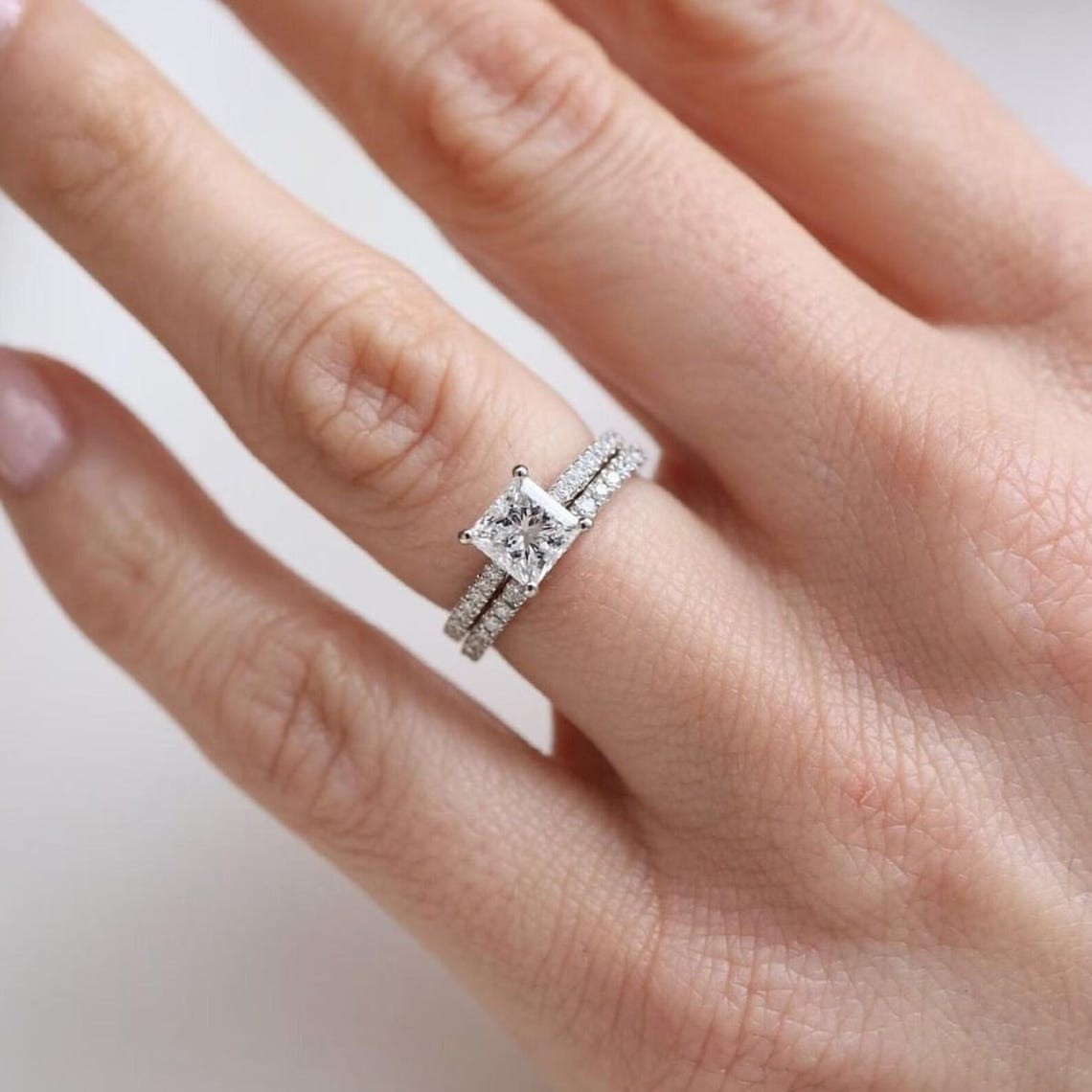 1.50 CT princess Cut Moissanite Wedding Bridal Ring Set Solid 14K White Gold