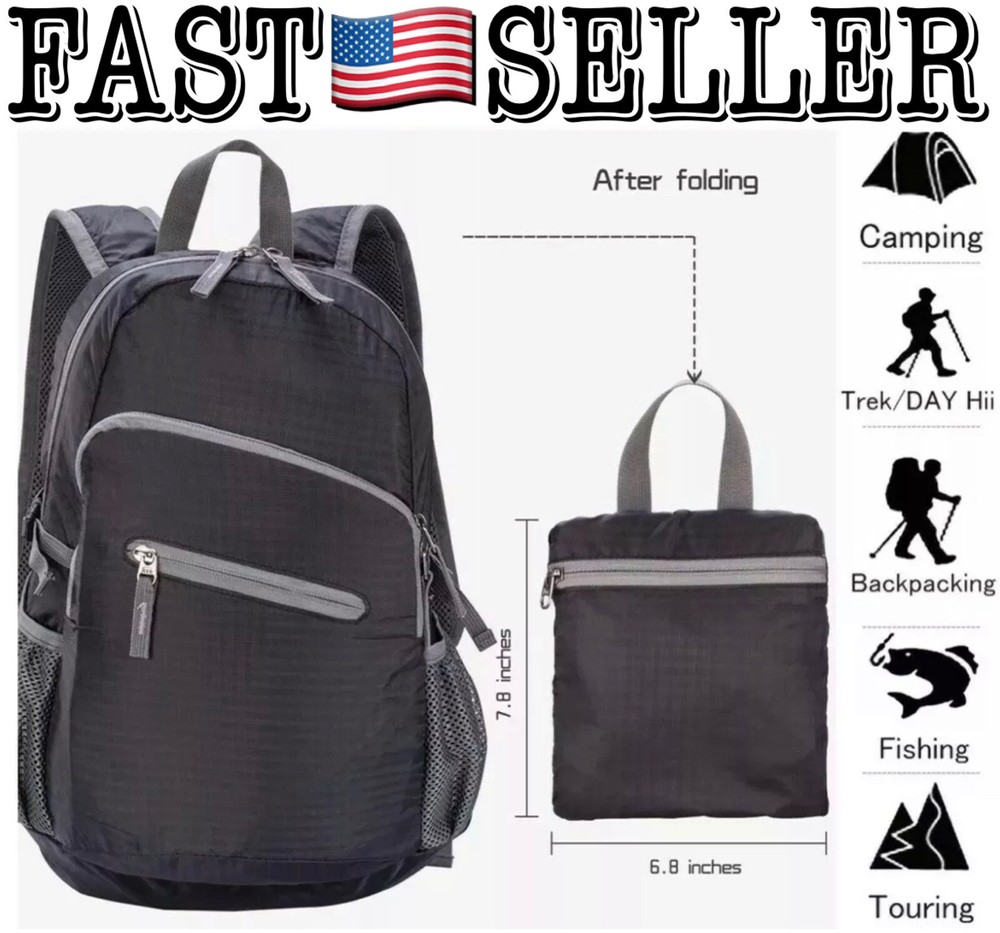 Lightweight 8oz Hiking Foldable Backpack Fold UP Back Pack Water Resistant Black