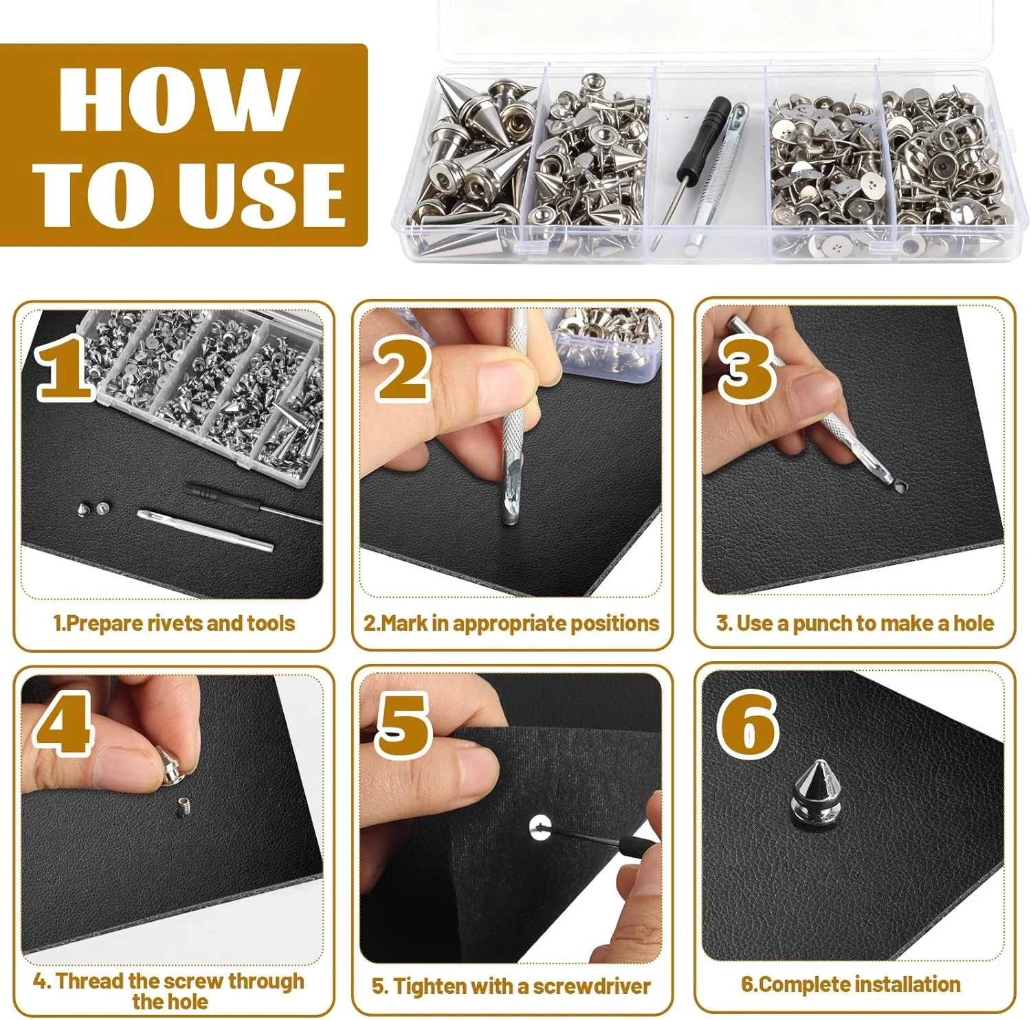 240 Pieces Multiple Sizes Silver Studs for Clothing, 3 Sizes Metal Studs and Spi