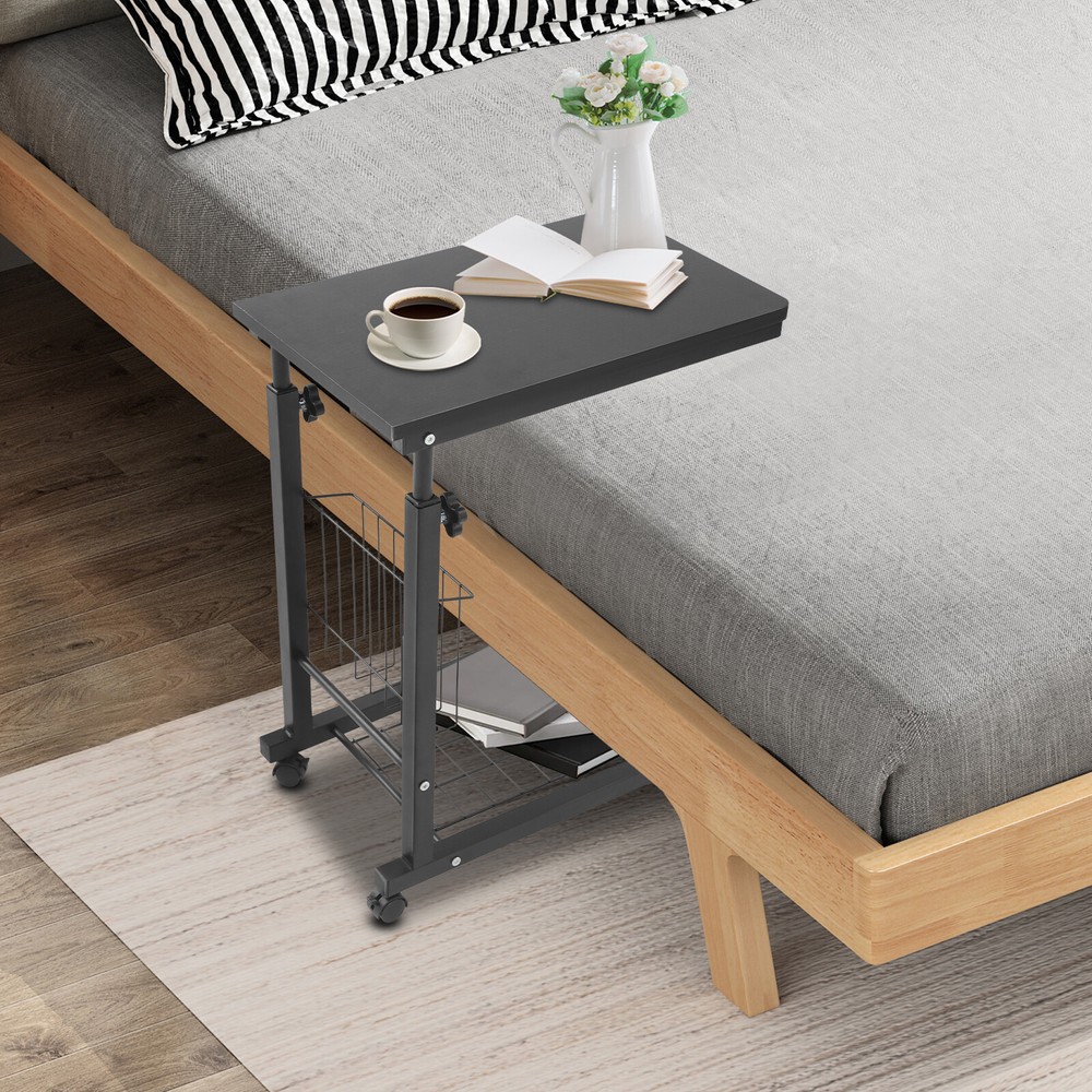 2 Tiers Adjustable Bed Side Table Thickened Mobile Standalone Table w/ Wheels