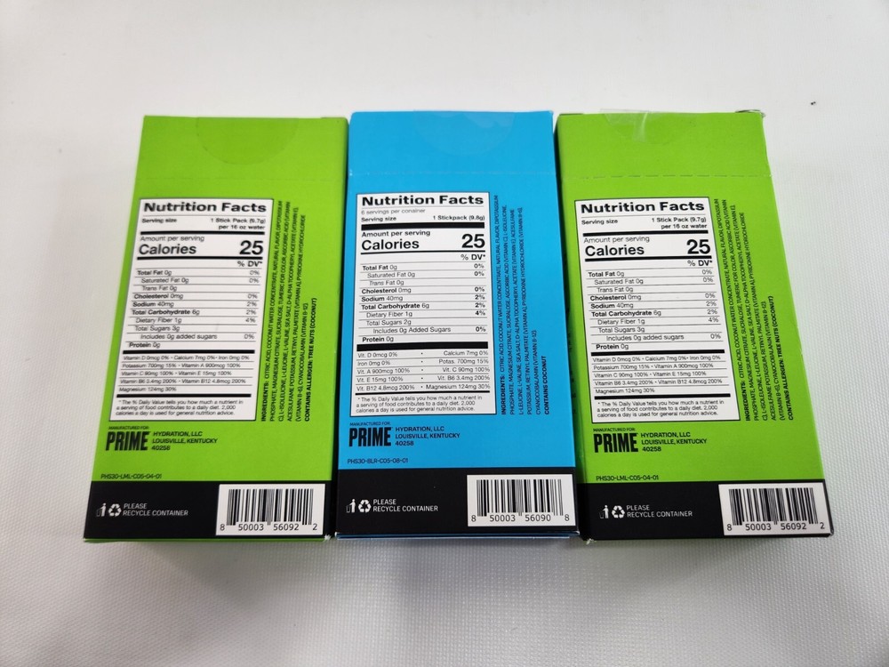 3 Packs Prime Hydration Drink Mix Blue Raspberry Lemon Lime Hydration Sticks