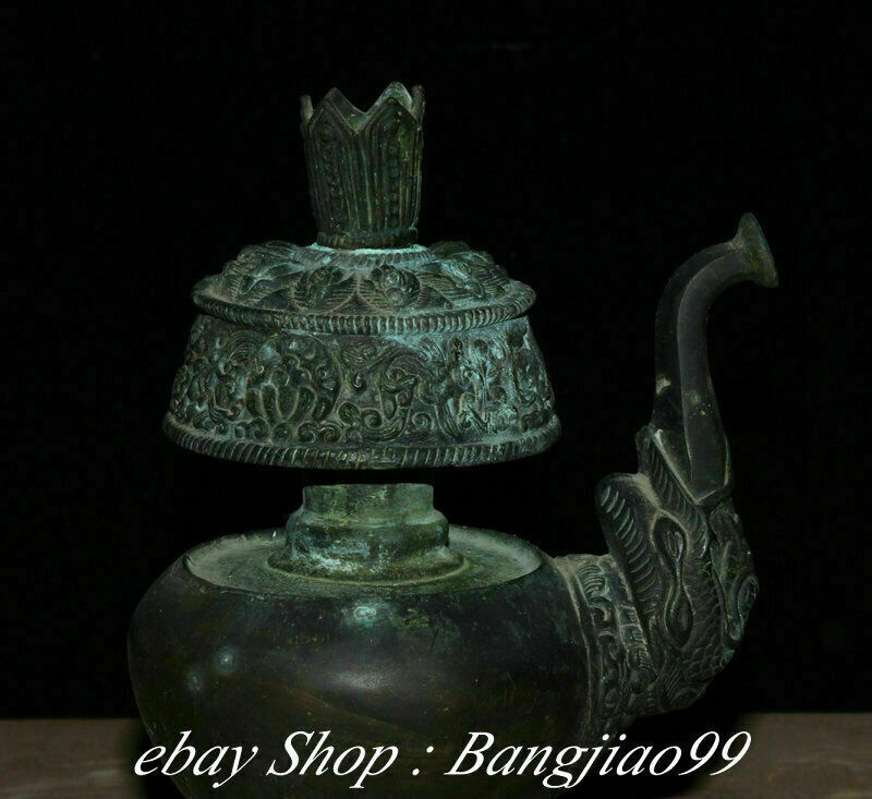 8" Marked Old China Bronze Dynasty Palace Dragon Beast Handle Kettle Pot Flask