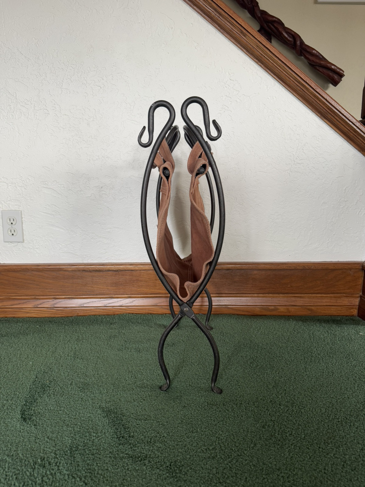 Vintage Metal and Suede Fireplace Log Holder Folding Firewood