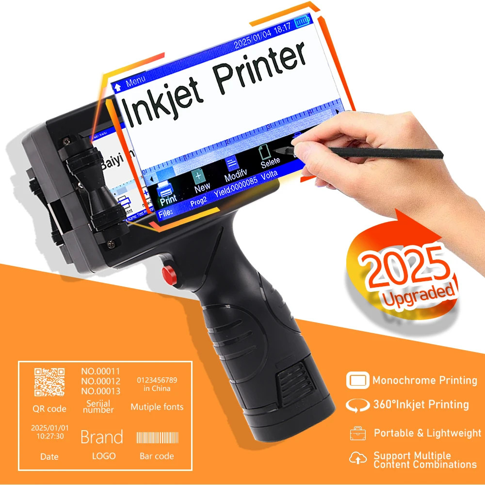 Handheld inkjet printer prints text, batch number, barcode, brand identification