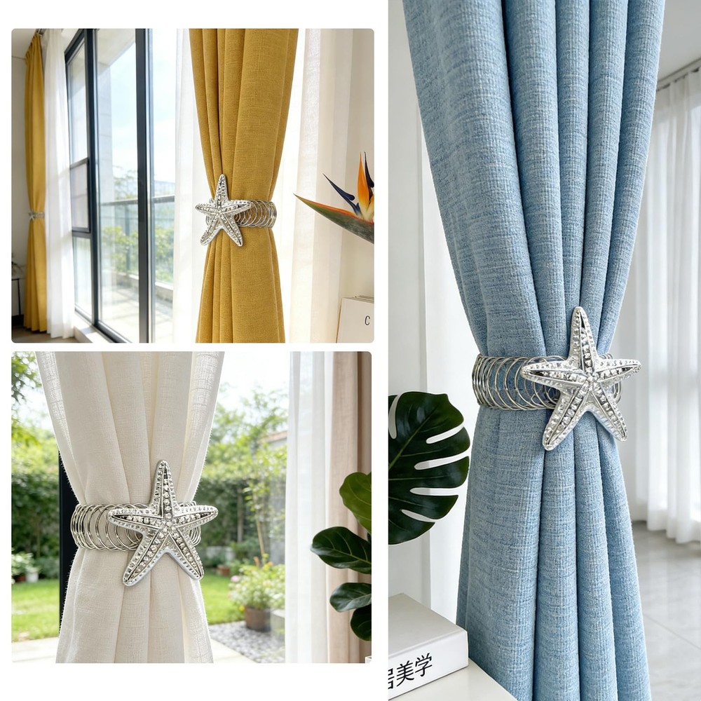 Silver Starfish Curtain Tiebacks, 2 Pack Adjustable No Drill Curtain Holdback...