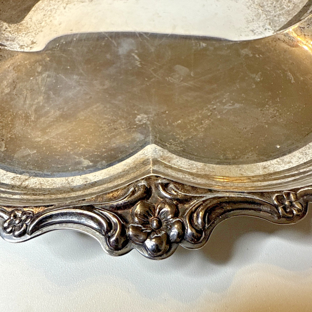 Vintage Silver Plate 4 Leaf Clover Shaped Dish w/Florals 7.25” x 7.25” x 1”