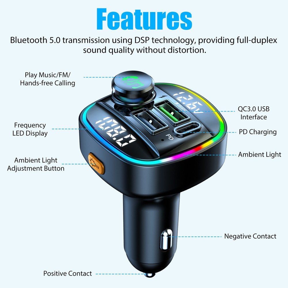 Car Bluetooth FM Transmitter Radio MP3 Wireless Adapter Hands-Free 3Port Charger