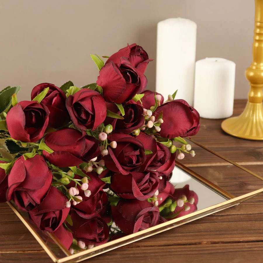 BURGUNDY 3 Bouquets 13" Silk Rose Bud Artificial FLOWER Bushes Party Decorations