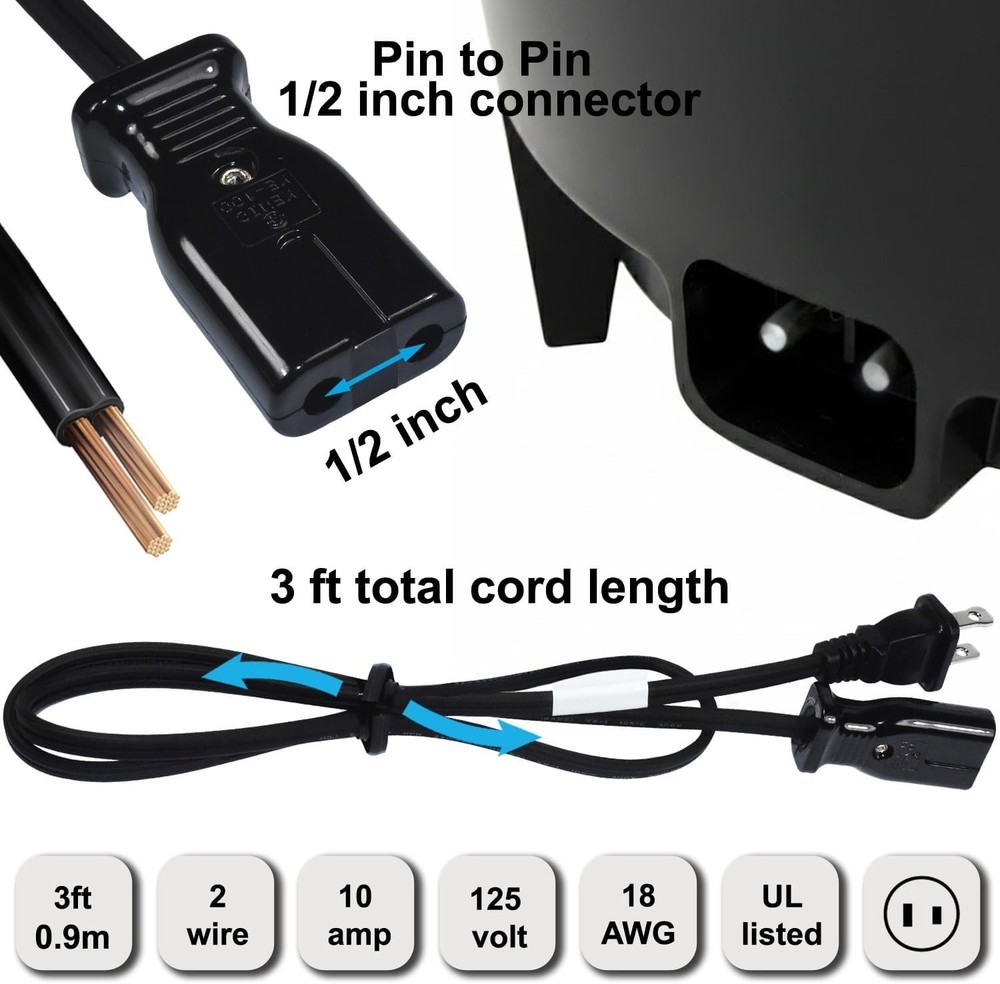 3ft 2-Prong Power Cable Cord for Percolators & Many Small Electronics Appliance