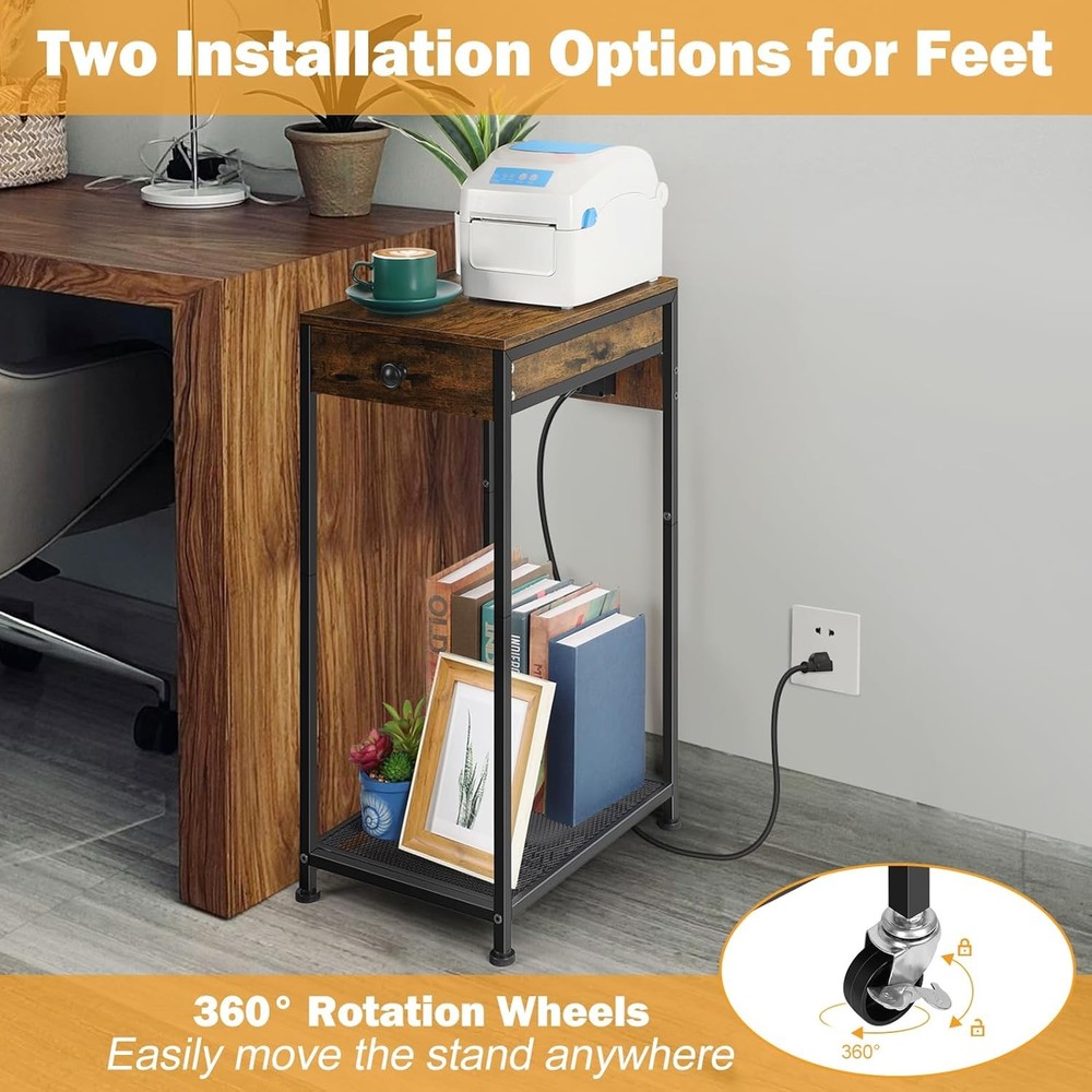 Printer Stand w/Storage Drawer Rolling Printer Table Desk w/Charging Station