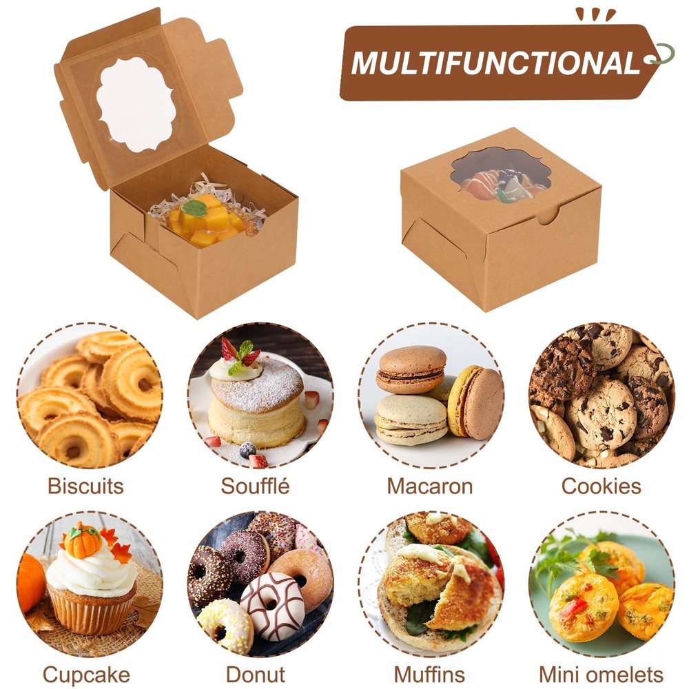 100pcs 4x4x2.5 Small Cookie Boxes, Mini Dessert Boxes with Window for Cupcake...