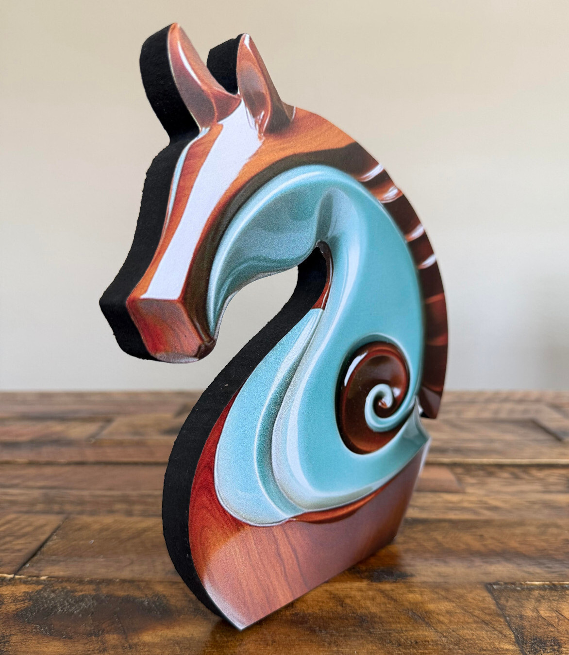 NEW 2D 8" Blue+Brown Horse Head Bust Color Accents Laminated Wood Figurine 8x7x1