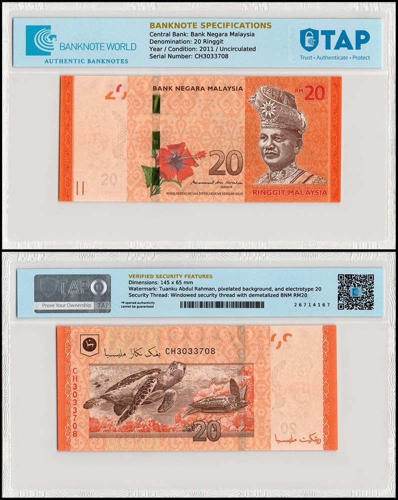 Malaysia 20 Ringgit, 2011 ND, P-54c, UNC, Authenticated Banknote