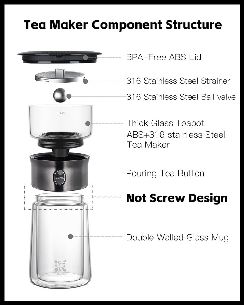 Modern Glass Tea Infuser Teapot, Smart One Touch Tea Maker for Loose Tea Diff...