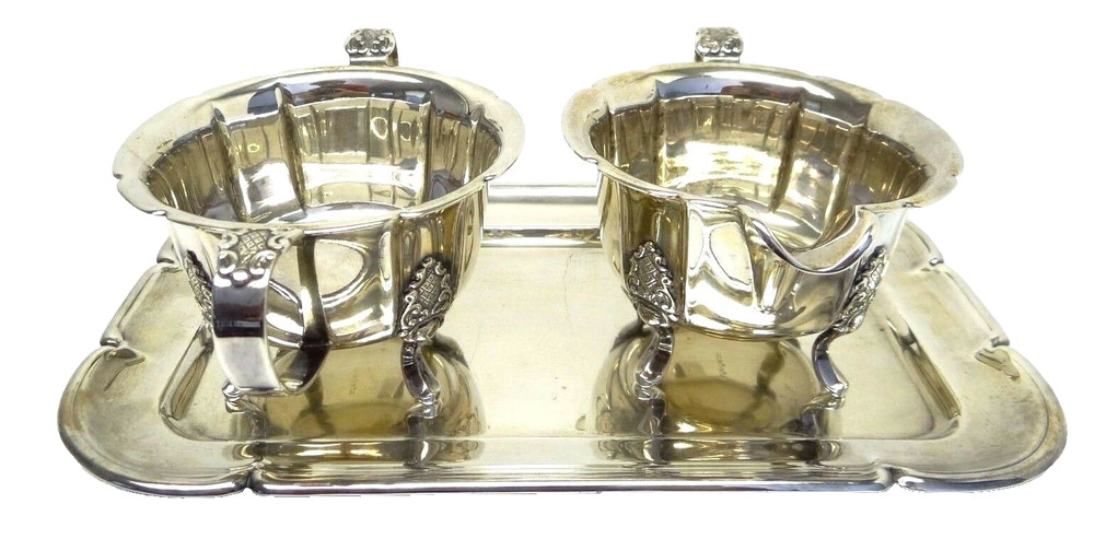 Vintage Used Silverplate NYSOLV 60 GP H Creamer Sugar Dish Tray Set Old