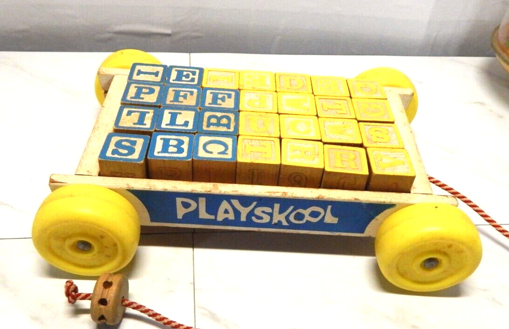 Vintage Playskool Wooden Pull Wagon w/ Alphabet Blocks