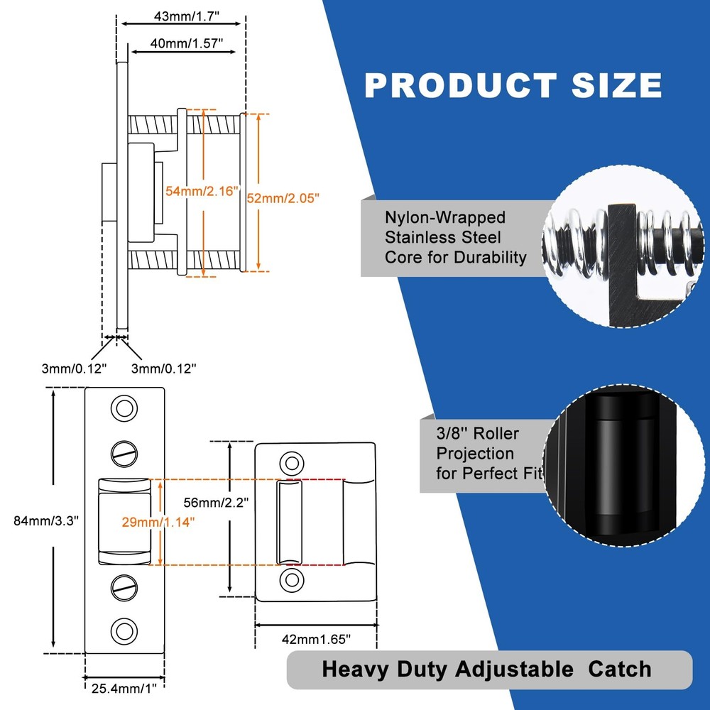 Heavy Duty Door Roller Catch - 2 Pack Adjustable Silent Latch with Strike Plate