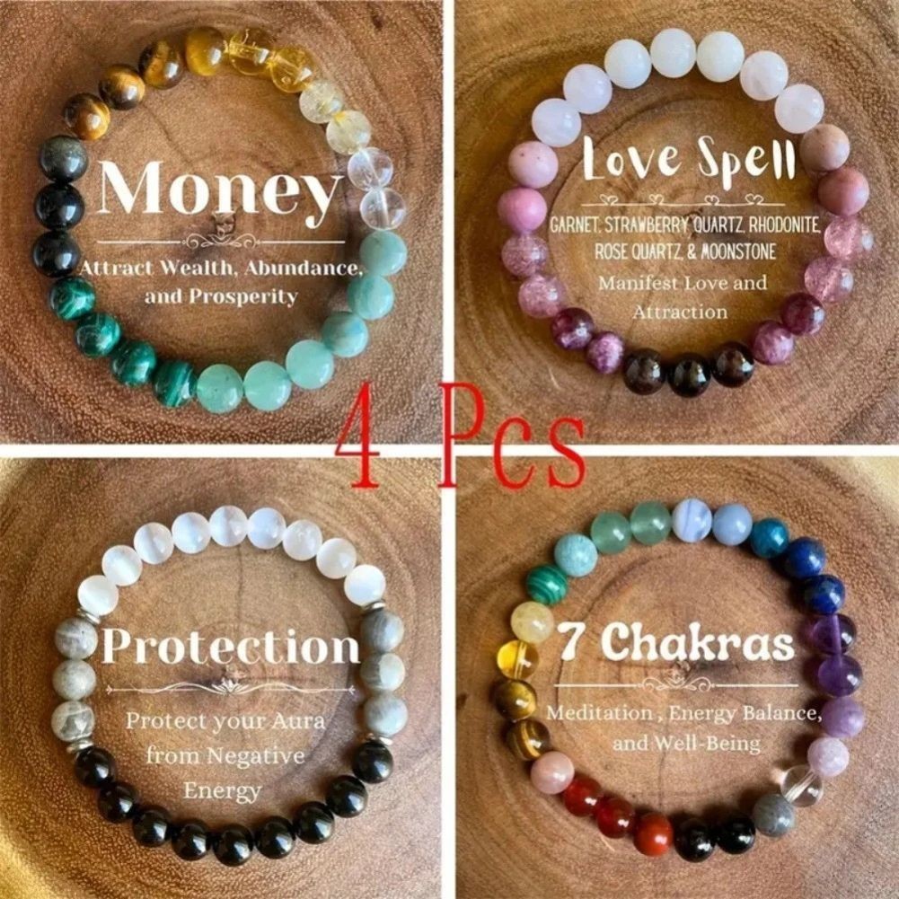 4Pcs Women Natural Stone Lucky Bangle Wealth Beads Chain Bracelet Multicolor