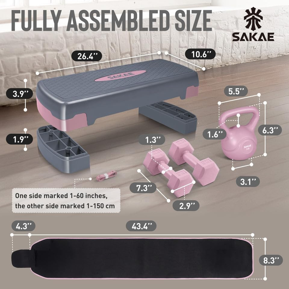 Adjustable Height Aerobic Stepper Set, Multiple Bundle Options with Dumbbells, K