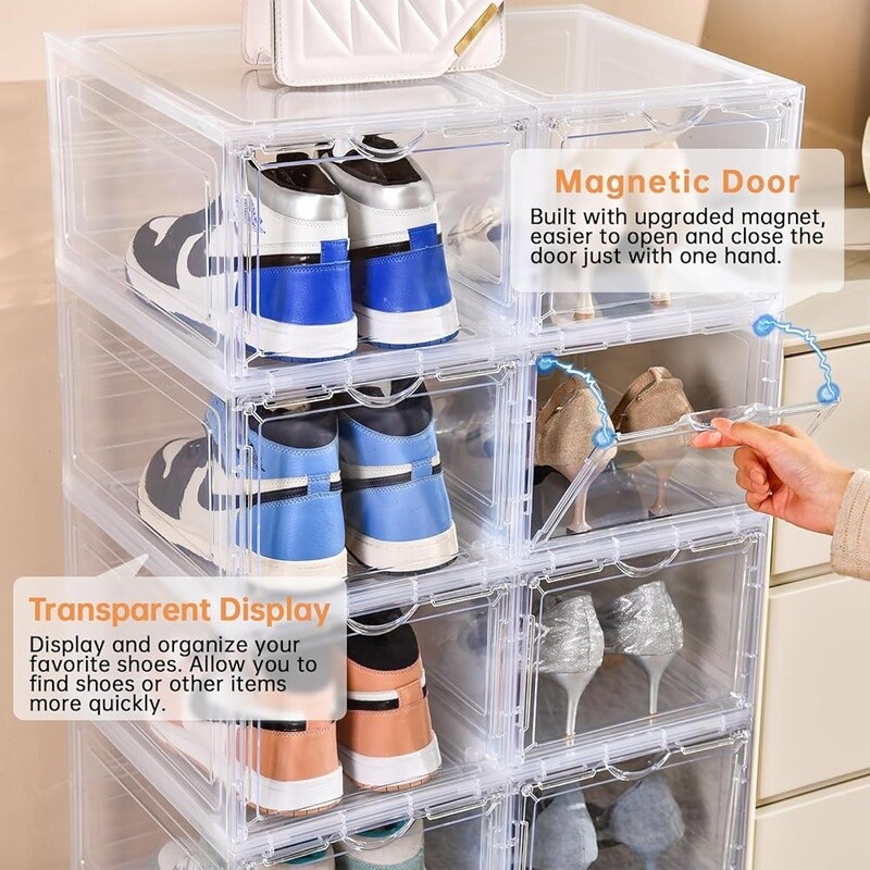 Clear Plastic Shoe Storage Box 8 Pack Stackable Organizer W/ Drop Front Design