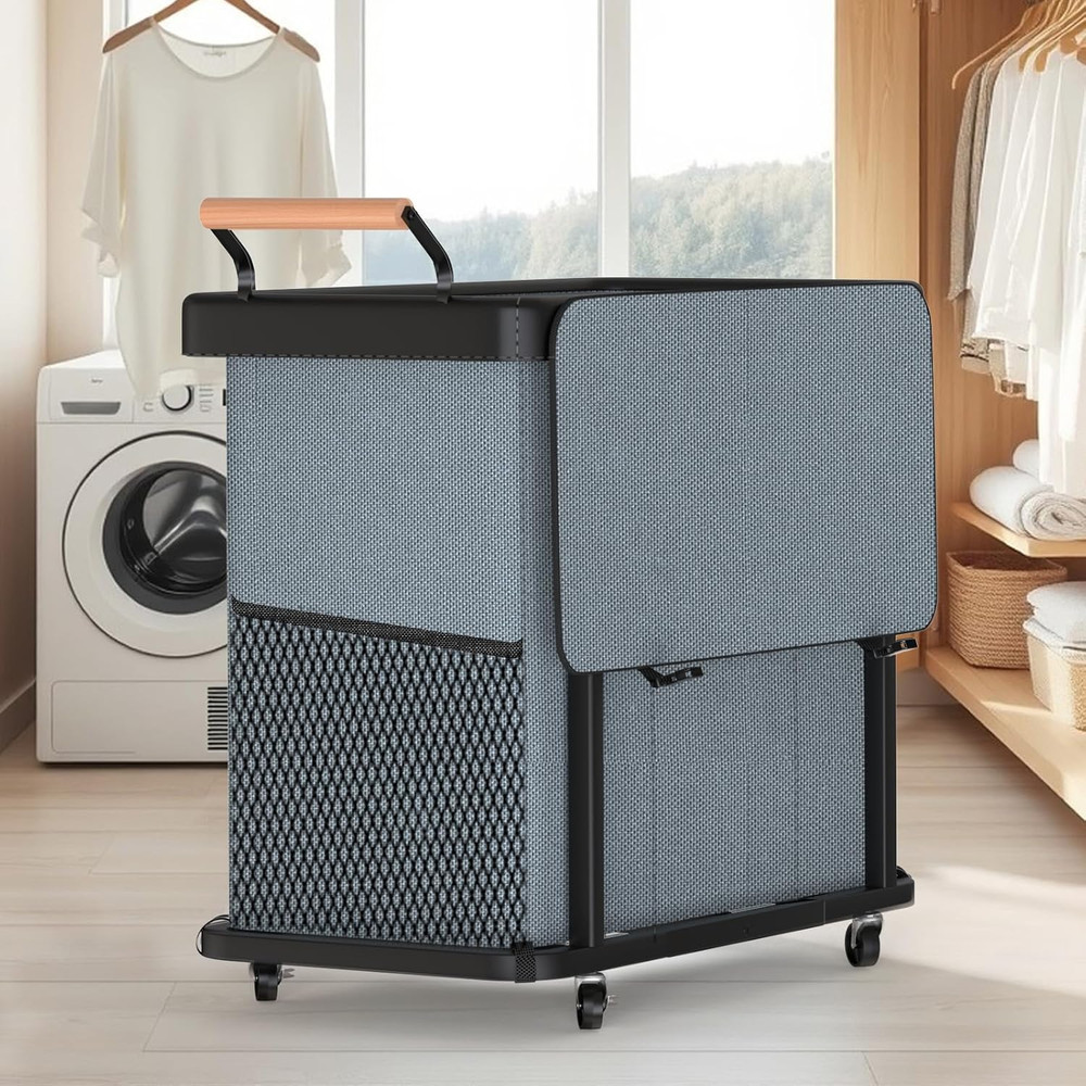 60 Gal (230L) Laundry Hamper 3 Section with Lid, Leather Patchwork Laundry Sorte
