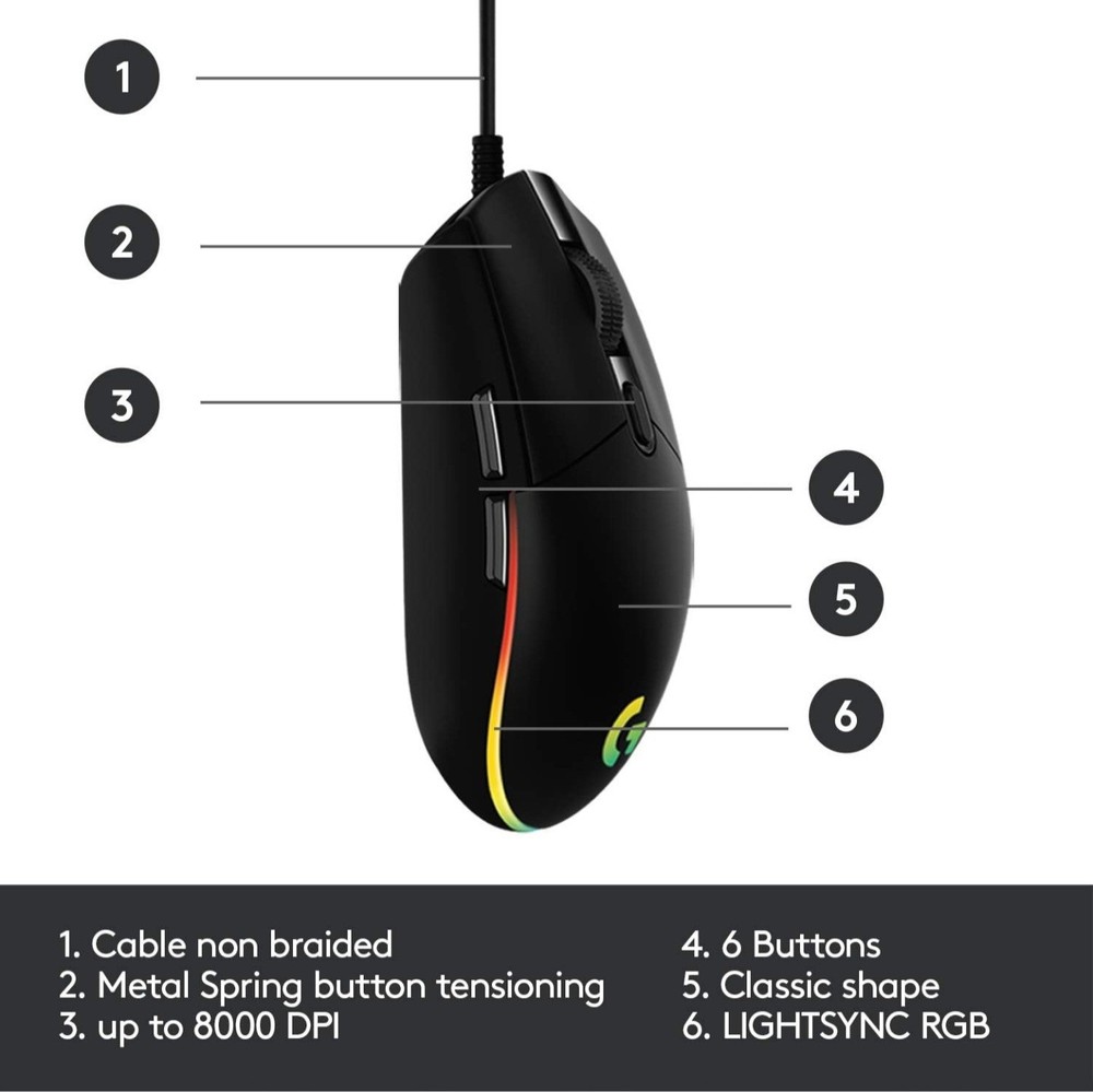 Logitech G102 Wired Gaming Mouse, 8000 DPI, 6 Programmable Buttons, RGB, Black