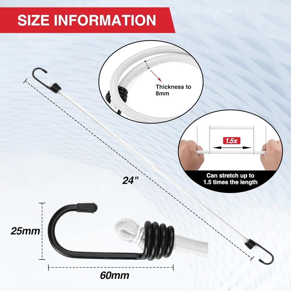WORKPRO 24'' Bungee Cord with Hooks 4 Pack Superior Rubber Elastic Rope White