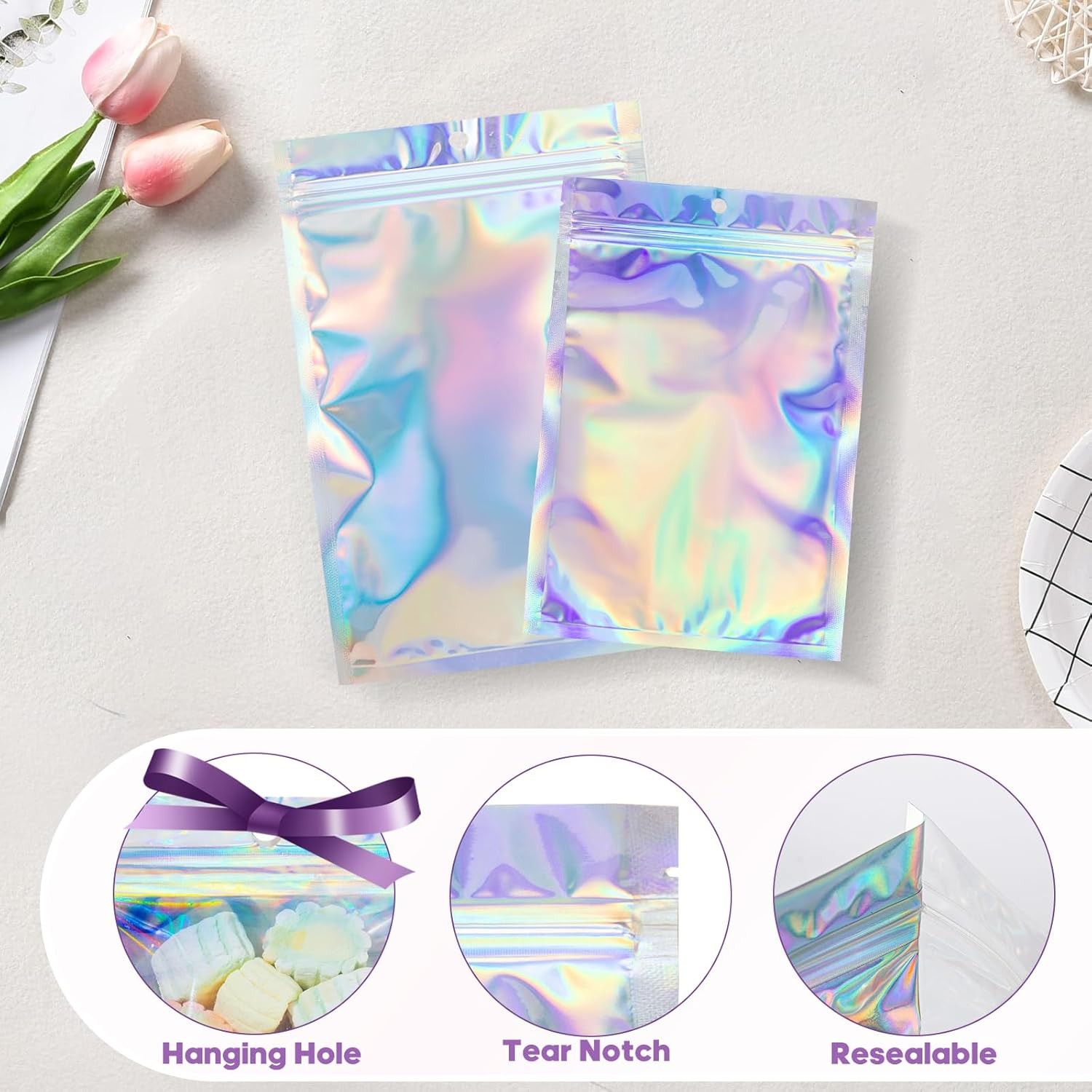 100Pcs Holographic Resealable Bags, 4x6 inch Packaging Foil Pouch ，Motomy Myla