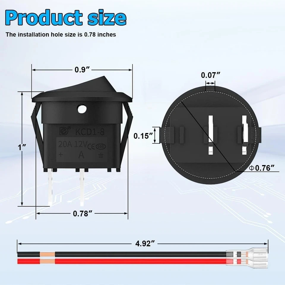 10 pack round rocker switch 12v on off 12 volt dc circle toggle switch 2 pin