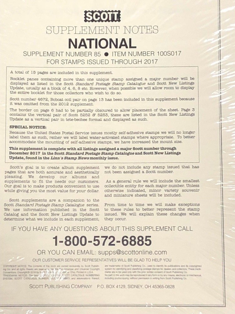 2017 SCOTT NATIONAL SUPPLEMENT NUMBER 85 -** WE SUPPORT AND HELP OUR VETERANS**