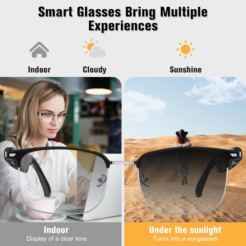 Smart Glasses, Blue Light Blocking Bluetooth Glasses with Open Ear Speaker, Phot