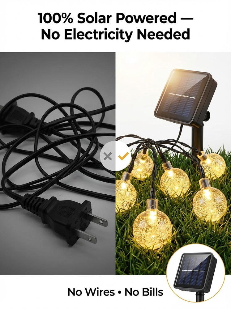 Solar Crystal Globe String Lights 36FT 60 LED Warm White IP65 8 Modes